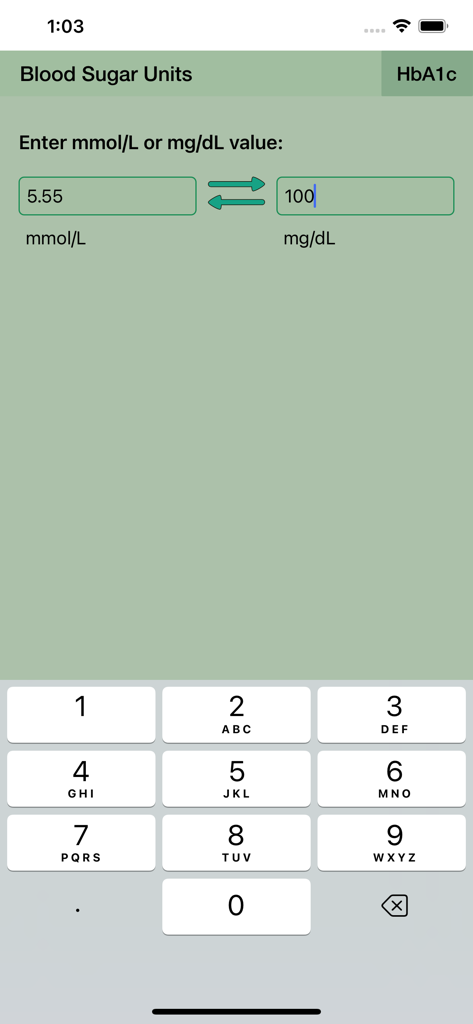 Interface of the Blood Sugar Unit Converter app showing conversion from 5.55 mmol/L to 100 mg/dL with a numeric keypad