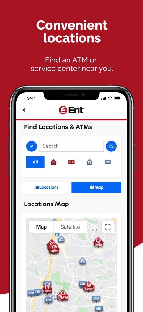 Ent Mobile Banking - Ent Mobile Banking app interface showing a map of nearby ATM and service center locations