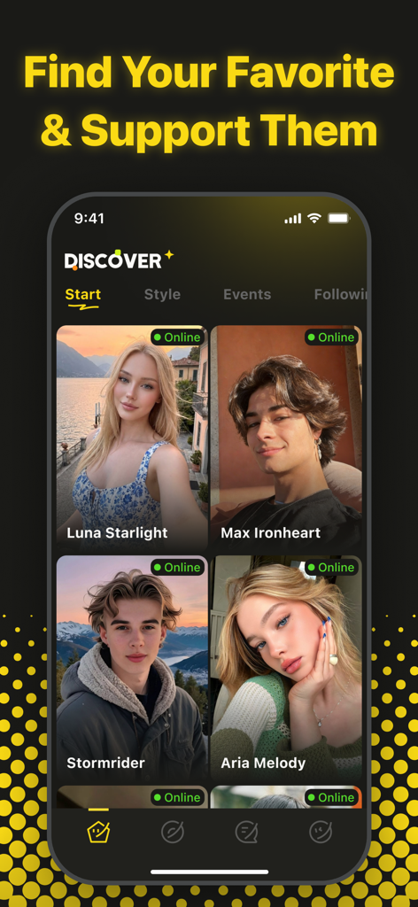 Kumi:Discover, Share, Connect - The Discover screen of the Kumi app displaying several user profile cards with online indicators and names like Luna Starlight and Max Ironheart.