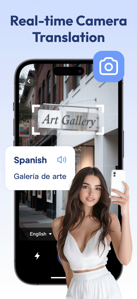 Real time camera translation of an art gallery sign from English to Spanish