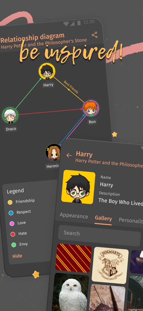 Fabula. Story Planner - A mobile app interface displaying a character relationship diagram and a character profile gallery for story planning