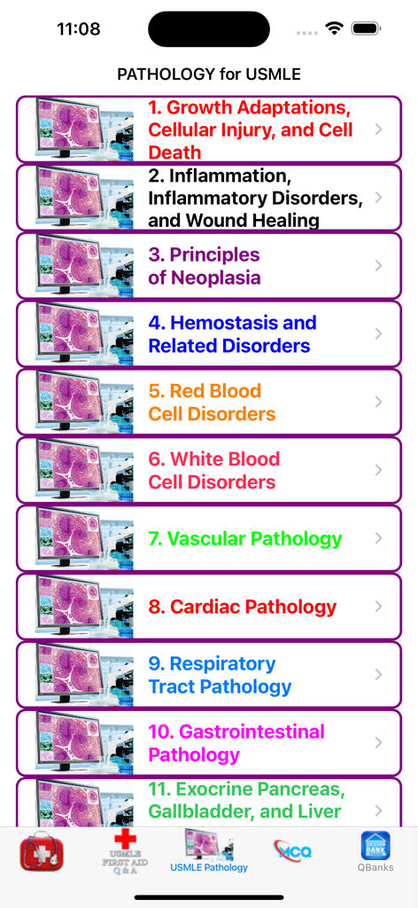 USMLE STEP 1 QUESTION BANK - Menu screen showing various pathology study topics for the USMLE Step 1 exam