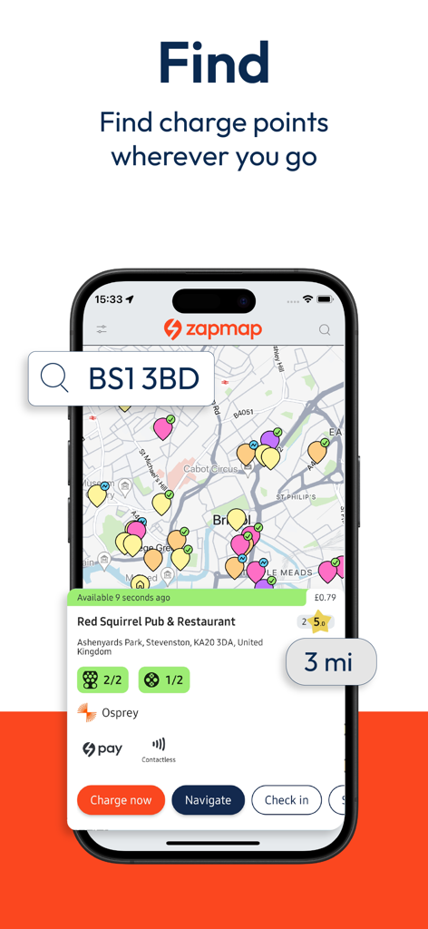 Zapmap app map view displaying several electric vehicle charging points and detailed station information.