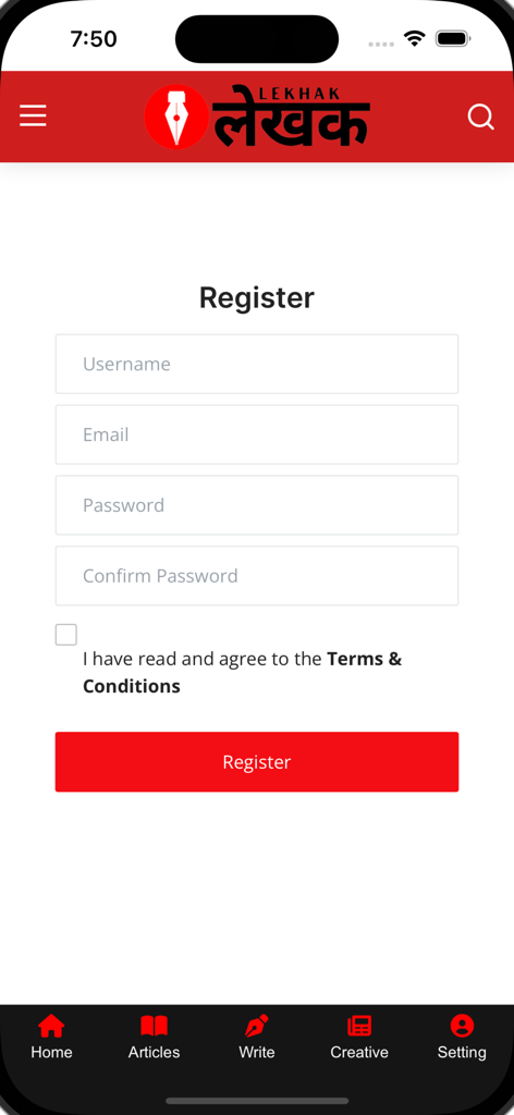 Lekhak - लेखक - The registration screen of Lekhak app showing fields for username email and password