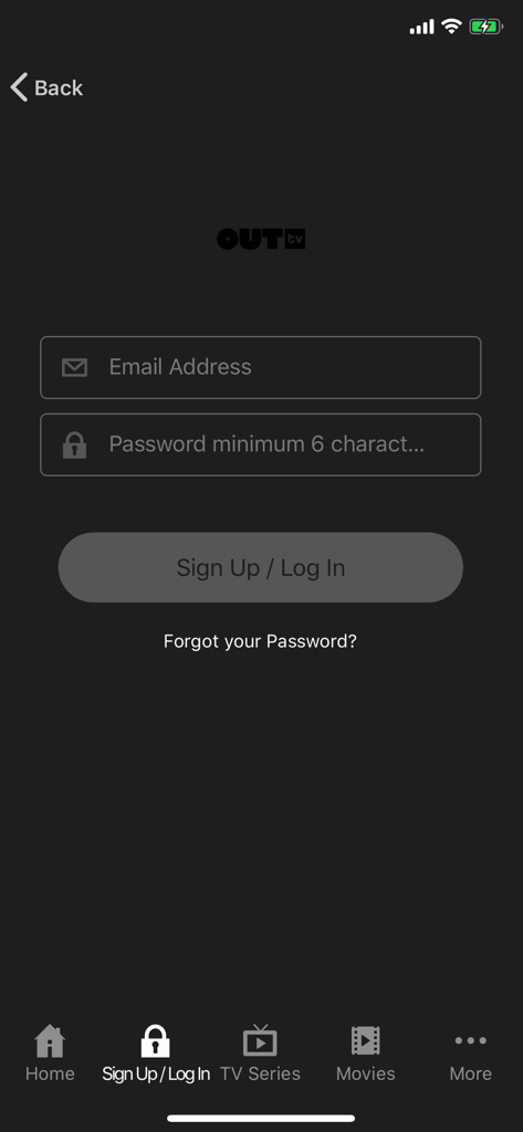OUTtvGo - Sign up and login screen for the OUTtvGo LGBTQ+ streaming app showing email and password input fields.