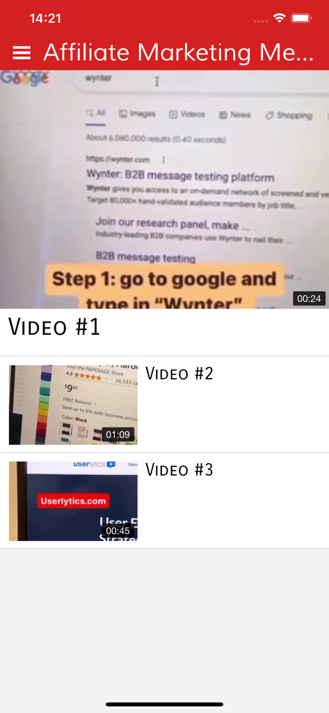 アフィリエイトマーケティングメンターシップの指示ビデオのリストを表示するモバイルアプリのインターフェース