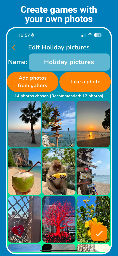 Photo Match Game - Una pantalla de móvil que muestra a un usuario seleccionando fotos personales de vacaciones para crear un juego personalizado de emparejamiento de memoria.