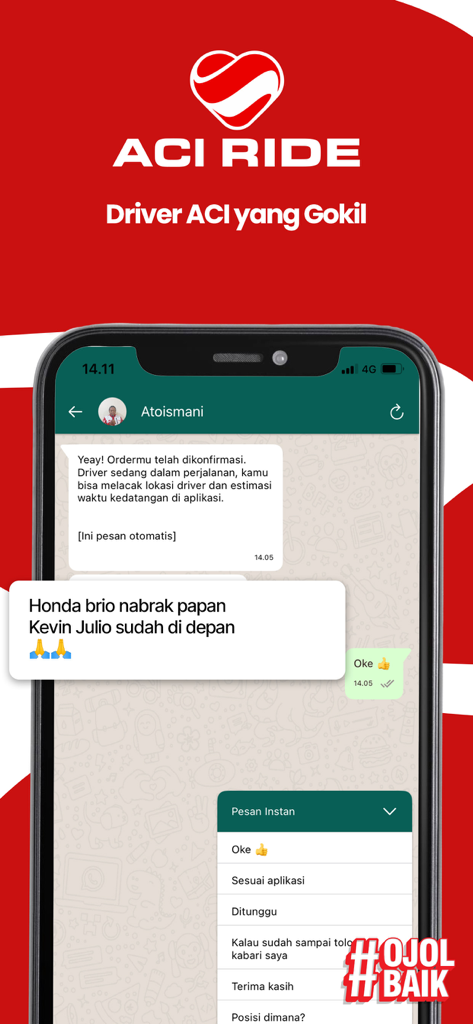 ACI RIDE mobile app screenshot showing chat conversation with an Indonesian driver and quick reply options