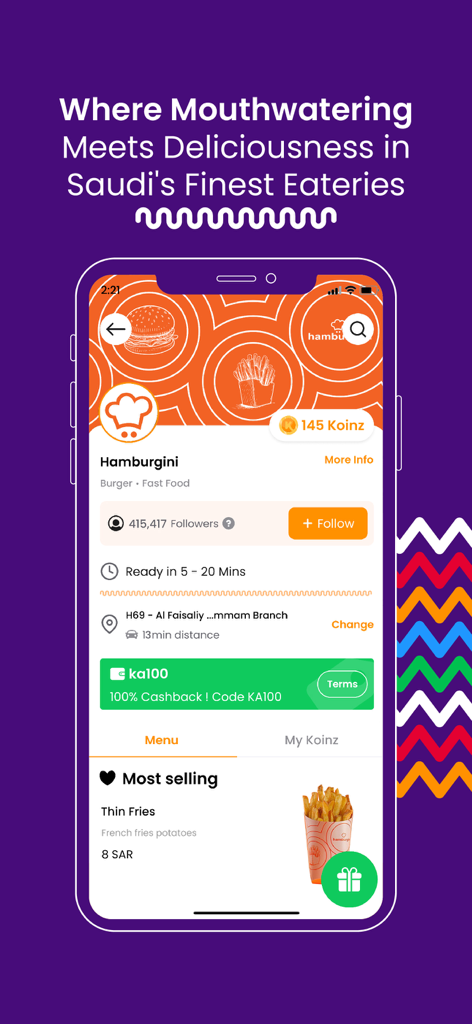 Koinz app mobile screen showing the Hamburgini restaurant profile with loyalty points and a 100 percent cashback offer.