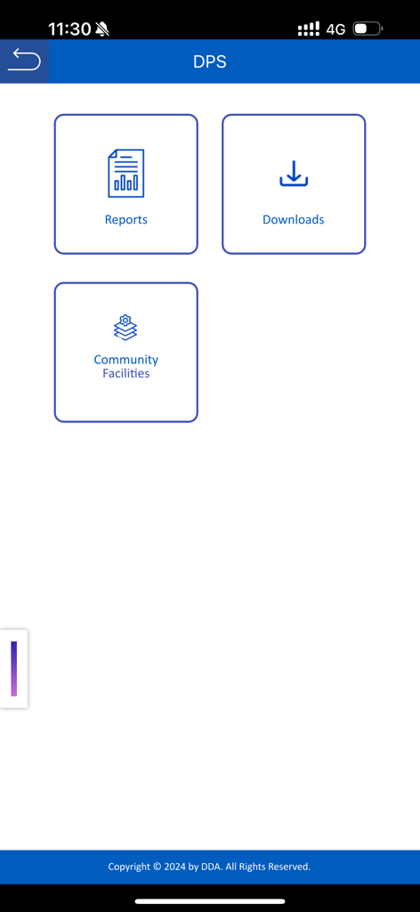 DDA GIS Portal - The menu screen of the DDA GIS Portal app featuring buttons for Reports, Downloads, and Community Facilities.