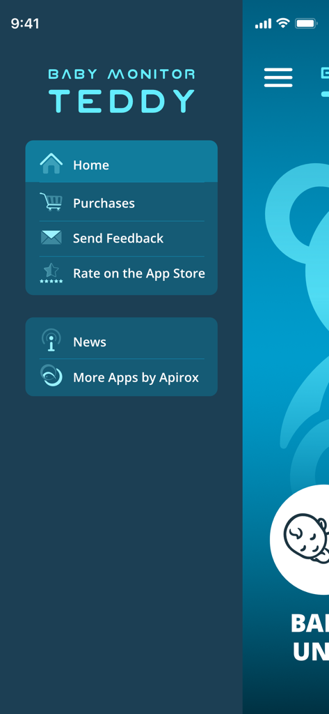 Baby Monitor TEDDY-baby camera - Sidebar navigation menu of the Baby Monitor TEDDY app with options for home, purchases, and feedback
