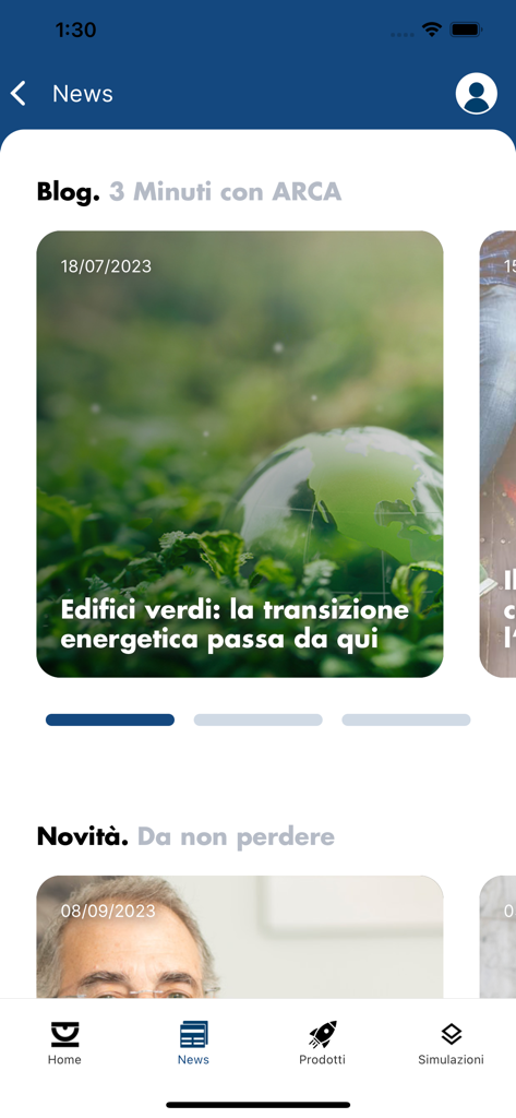 Écran d'actualités de l'application Arca Fondi affichant des articles de blog financier et des mises à jour du marché