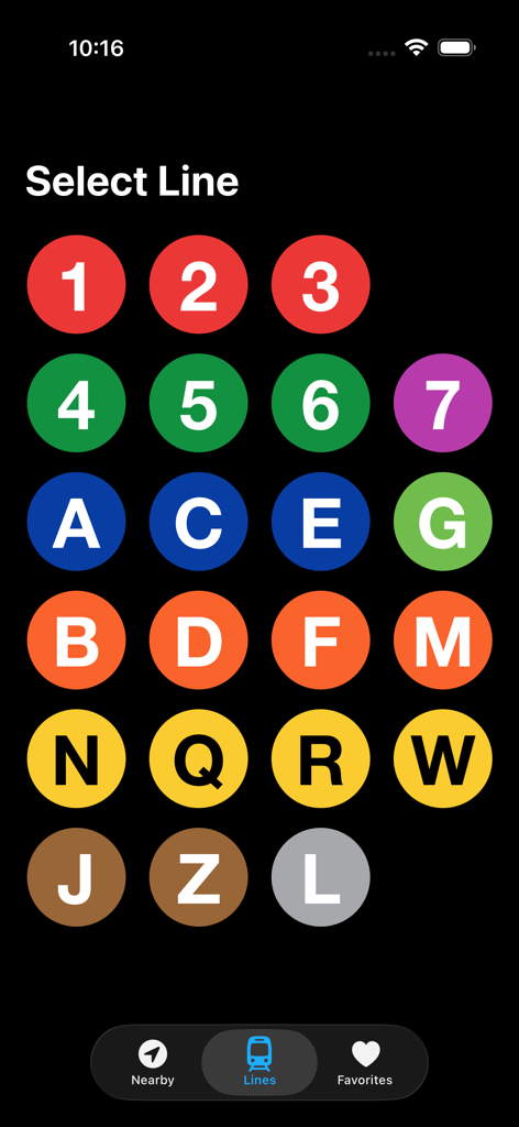 Now Departing - A minimalist grid display of colorful NYC subway line icons for route selection.