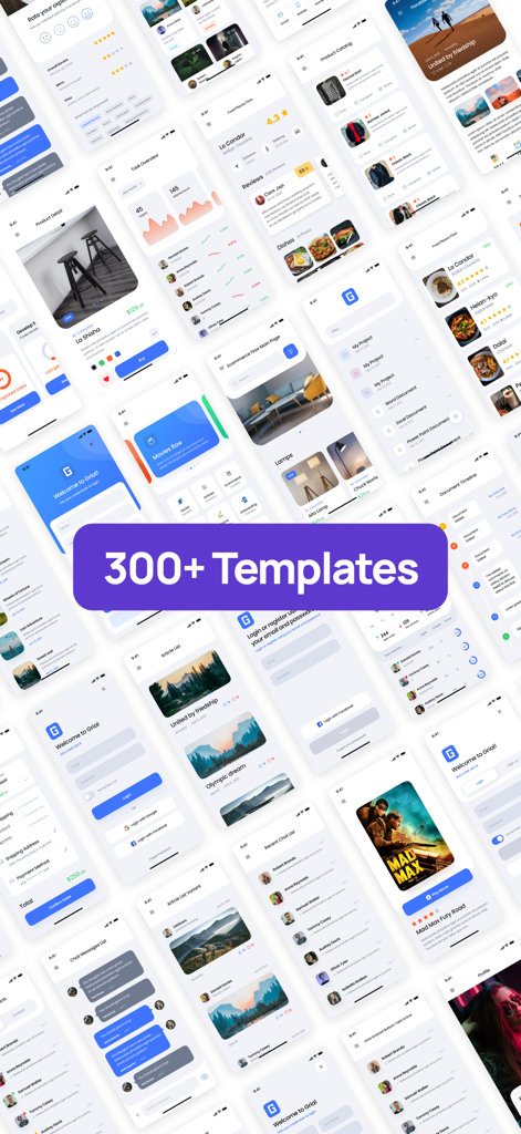 Grial UIKit - A mosaic display showcasing over 300 professional UI templates and screens for .NET MAUI mobile app development