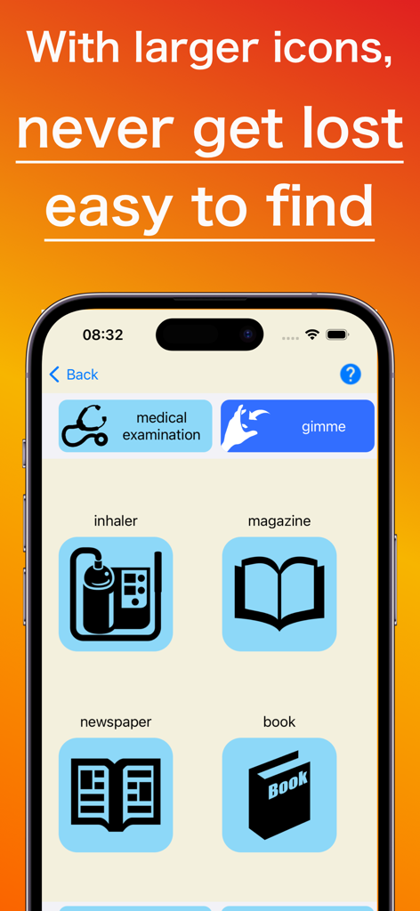 Mobile app interface with large high-contrast icons for easy speech communication assistance
