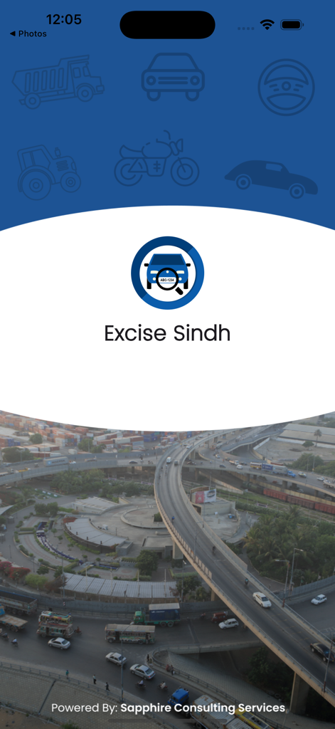Excise Sindh - Launch screen of the Excise Sindh app displaying the logo and a busy city road