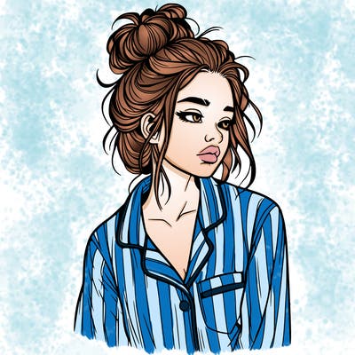 realistic woman with pajamas on and a messy bun