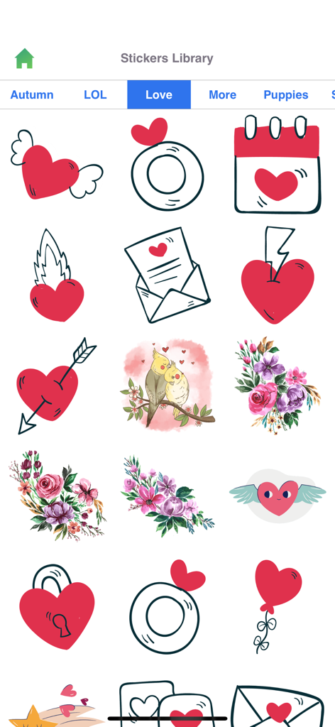 Status Saver Video Photo Save - A collection of love themed stickers featuring hearts flowers and birds in the stickers library