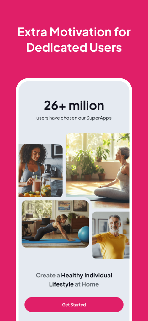 Werbebildschirm der xForFit-App, der Menschen beim Trainieren und Zubereiten gesunder Speisen zeigt, mit Text über die Schaffung eines gesunden Lebensstils zu Hause