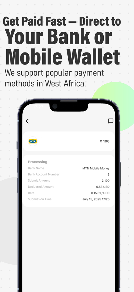Una pantalla móvil de la aplicación CardWaka que muestra los detalles de la transacción para un pago rápido a una billetera bancaria o móvil en África Occidental.