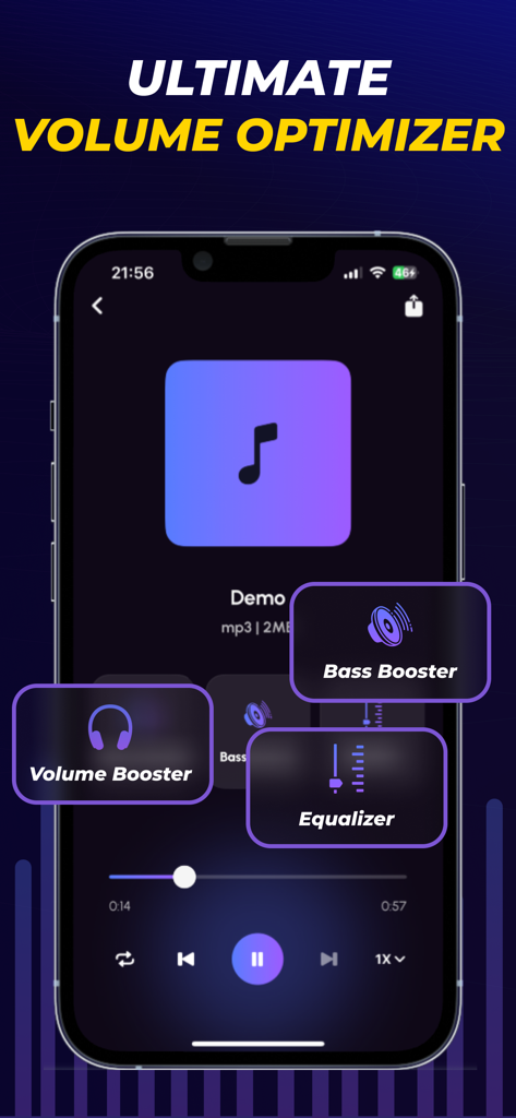 Super Volume: Increase Volume - Interface of Super Volume app showing volume booster and bass booster features on an iPhone screen