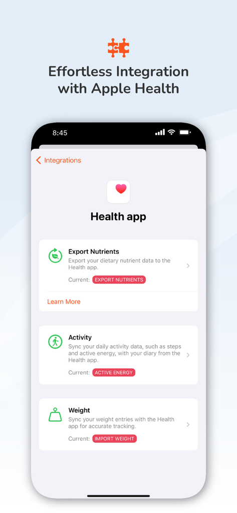 Calorie Counter by Pro Tracker - Calorie Counter app interface showing Apple Health integration settings for nutrients, activity, and weight tracking.