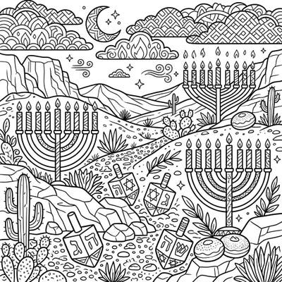 Discover a one-of-a-kind Hanukkah celebration set amidst a stunning arid valley landscape. This intricate coloring page features menorahs, dreidels, cacti, and festive details ready for your creative touch.
