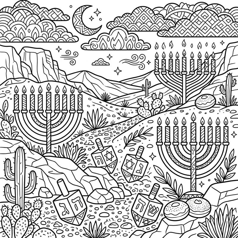 Discover a one-of-a-kind Hanukkah celebration set amidst a stunning arid valley landscape. This intricate coloring page features menorahs, dreidels, cacti, and festive details ready for your creative touch.