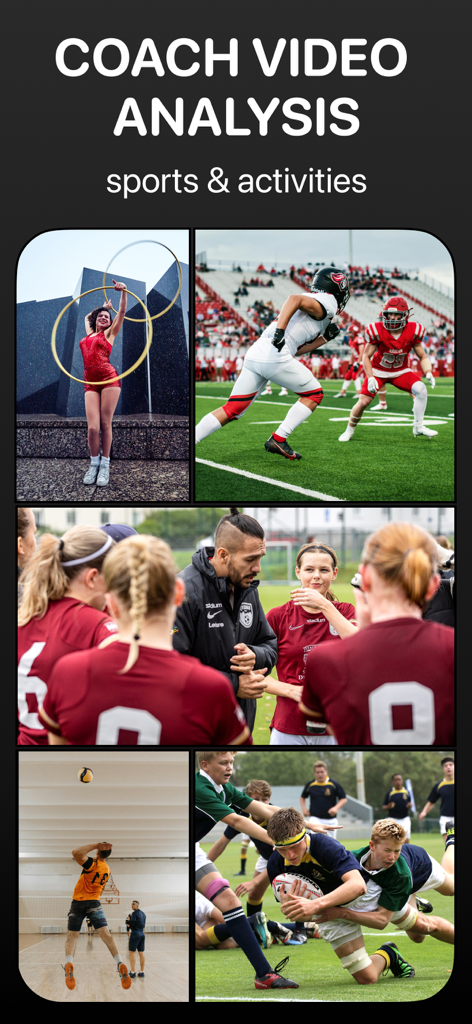 A collage showing various sports including gymnastics football soccer volleyball and rugby for technical analysis