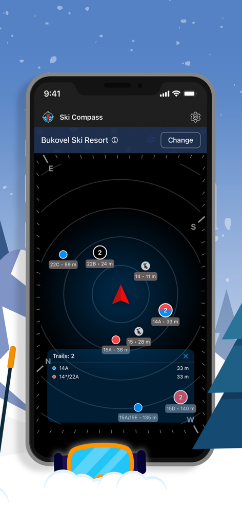 Ski Compass - Application Ski Compass affichant les pistes de ski à proximité et les distances dans une station