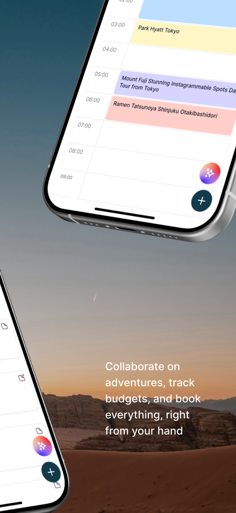 Holicay - Mobile screen showing a daily travel itinerary for Tokyo including hotel and tour bookings on the Holicay app
