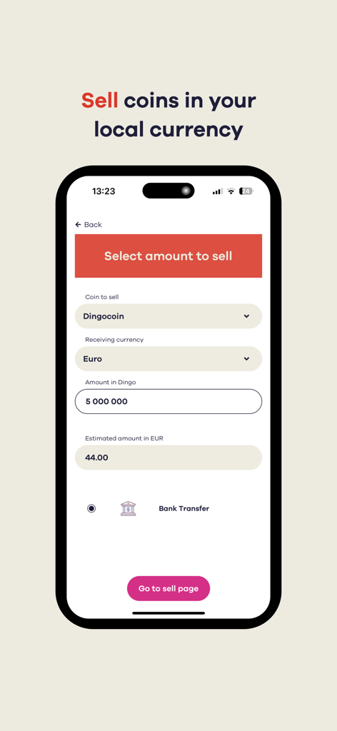 The Flip App - Interfaz de The Flip App que muestra el proceso de venta de Dingocoin por Euro a través de una transferencia bancaria.