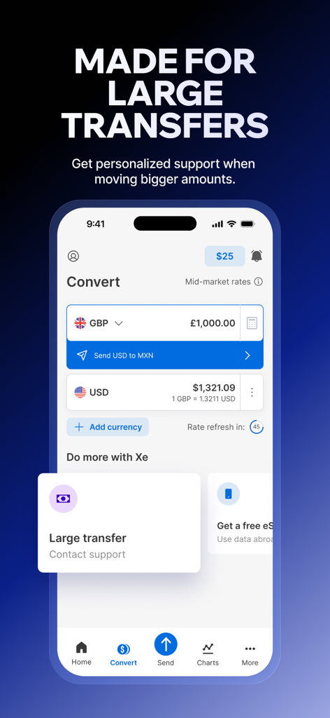 Xe Send Money & Currency - Interface do aplicativo Xe mostrando uma opção de suporte para grandes transferências de dinheiro e um conversor de moeda de GBP para USD.
