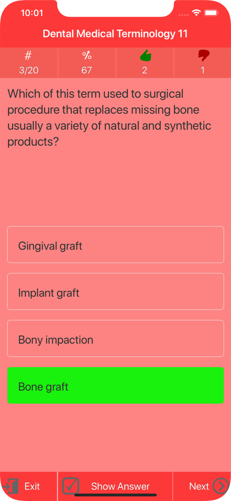 Dental Medical Terms Quiz - 骨移植処置に関する歯科用語クイズの問題がモバイルアプリのインターフェースに表示されています。