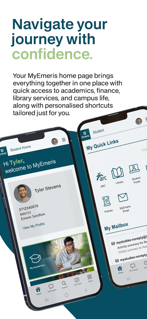 MyEmeris app home screen showing a personalized student dashboard with quick links to academics library and student portal