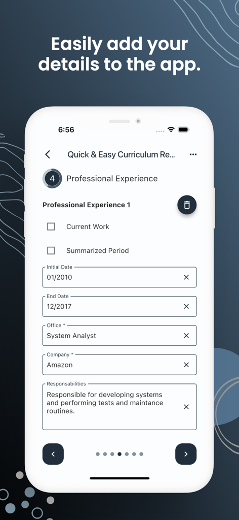 Interface of the resume builder app showing fields to enter professional experience including company and job title