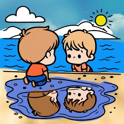 little kid staring at his reflection in a clear lake on the beach