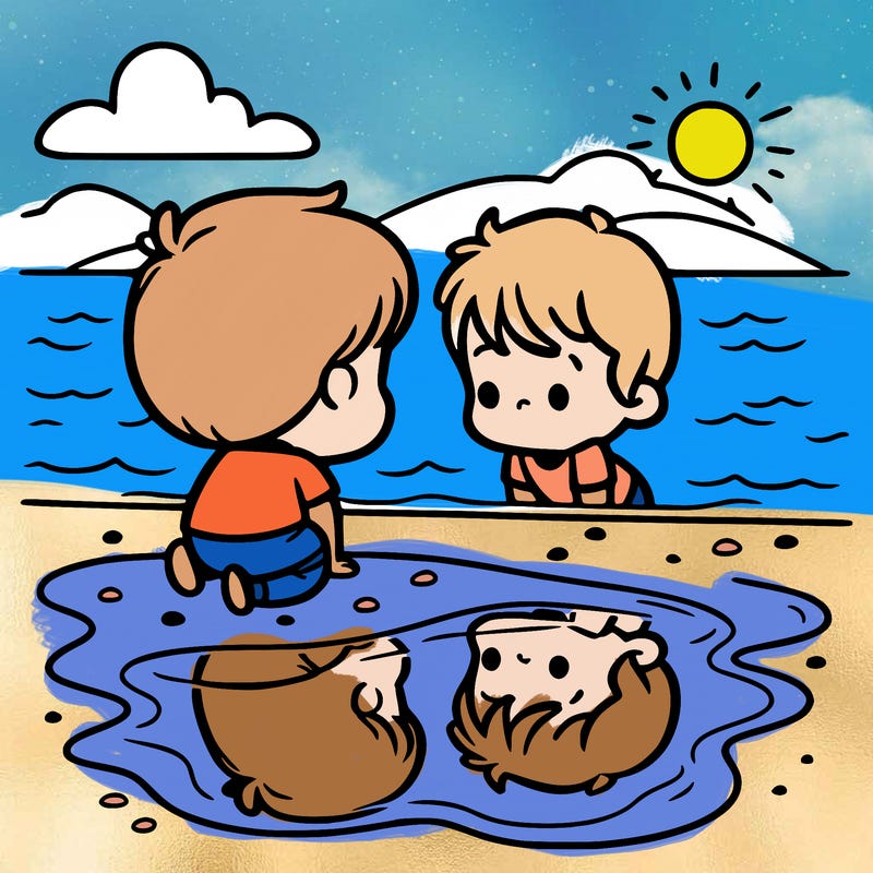 little kid staring at his reflection in a clear lake on the beach