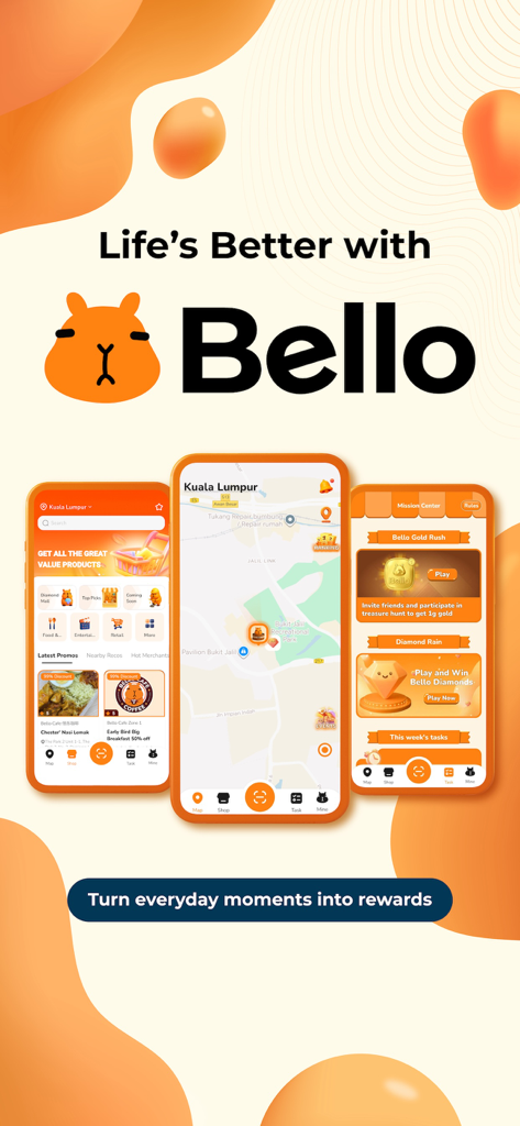 Bello - Lifestyle Rewards App - Interfaccia dell'app di ricompense lifestyle Bello che mostra mappa e offerte esclusive