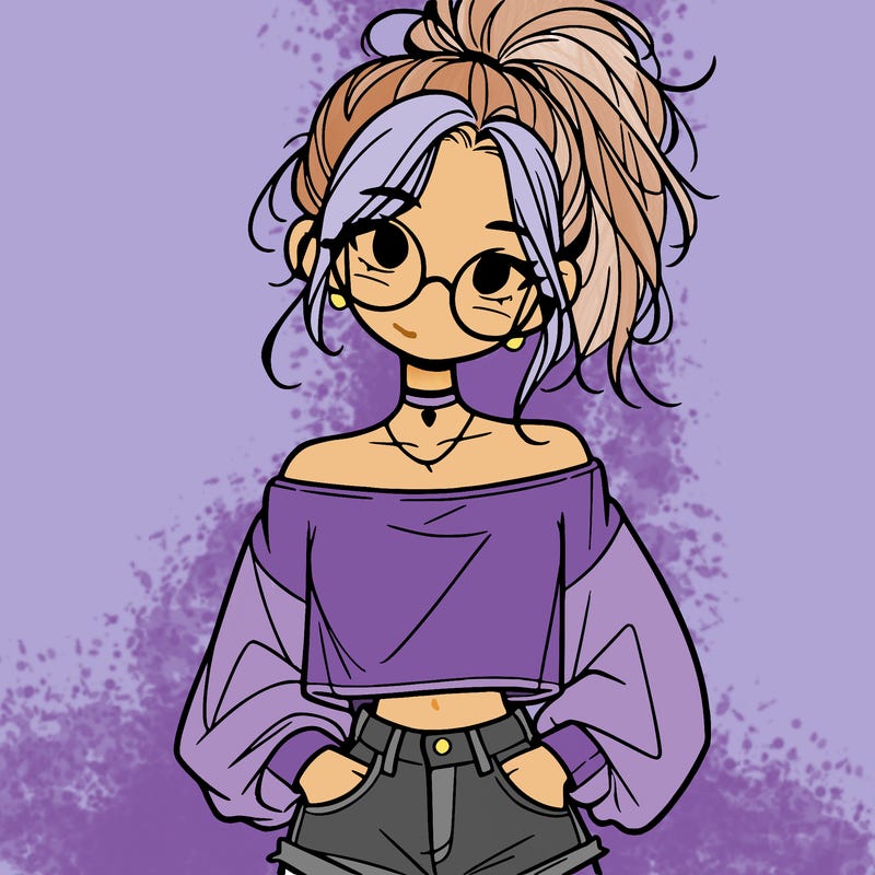 girl with a messy ponytail glasses a baggy crop top and jean shorts