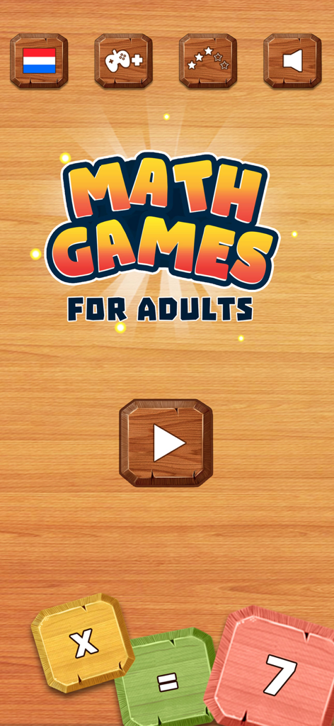 Math Games For Adults - 木製のインターフェースと再生ボタンを備えた大人向け数学ゲームアプリのホーム画面