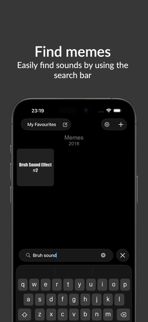 Interfaz de la aplicación Meme Soundboard mostrando la barra de búsqueda para encontrar sonidos de memes específicos como el efecto de sonido Bruh.