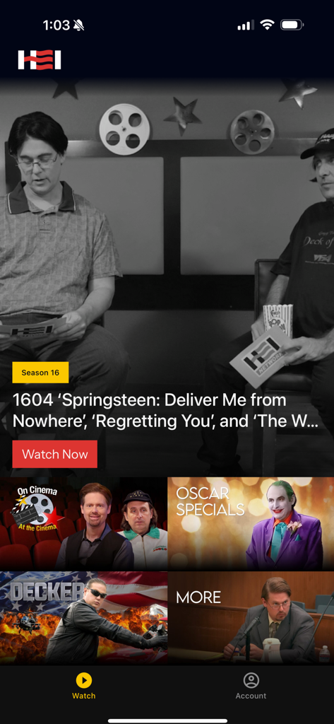 Oberfläche der HEI Network App, die On Cinema at the Cinema Episoden und Specials zeigt.