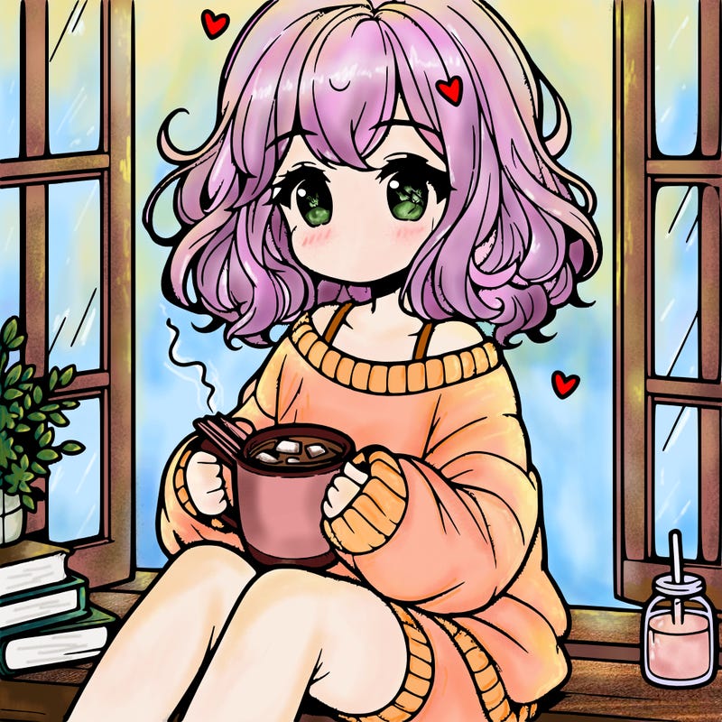 cute anime girl reading book and drinking hot chocolate from mug with loose wavy hair wearing a baggy sweatshirt and shorts sitting by windowsill looking out