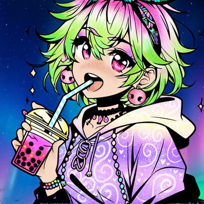 hot baddie anime girl drinking boba and biting the straw