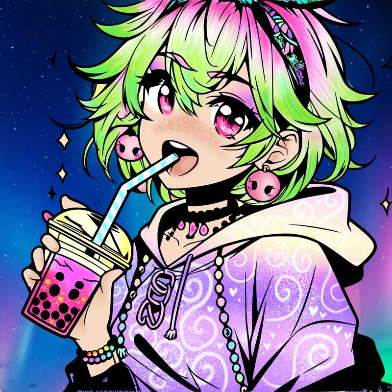 hot baddie anime girl drinking boba and biting the straw