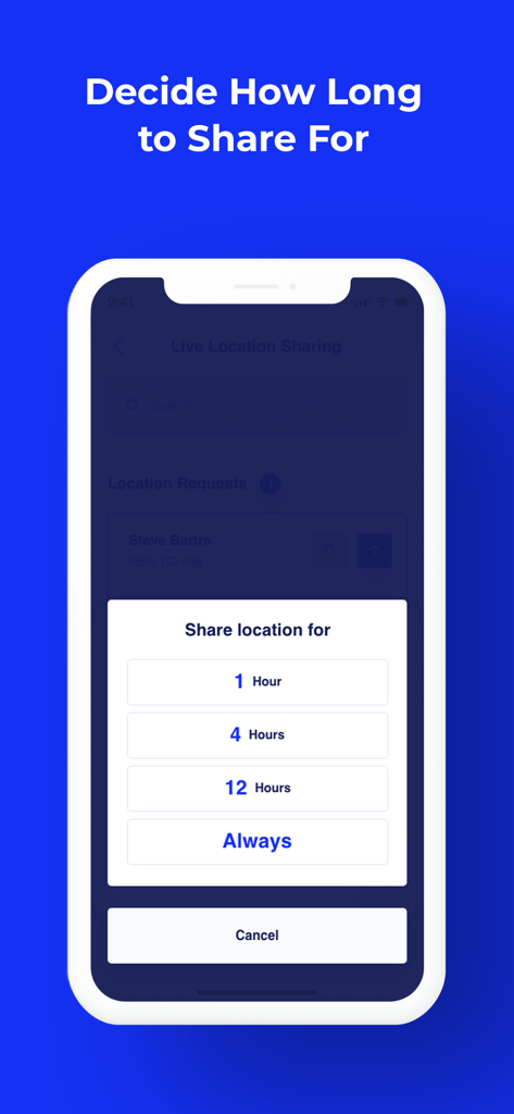 Zocal - Live Location Sharing - Pantalla de la aplicación Zocal que muestra opciones de compartición de ubicación temporal por una hora, cuatro horas o doce horas
