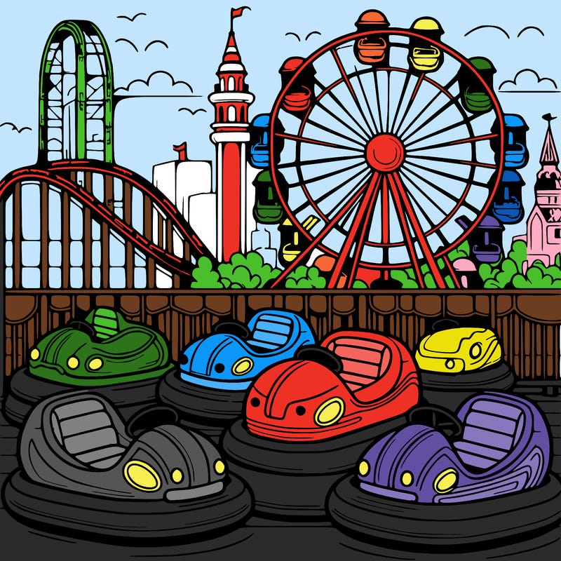 a vibrant amusement park scene with roller coasters%2c bumper cars%2c