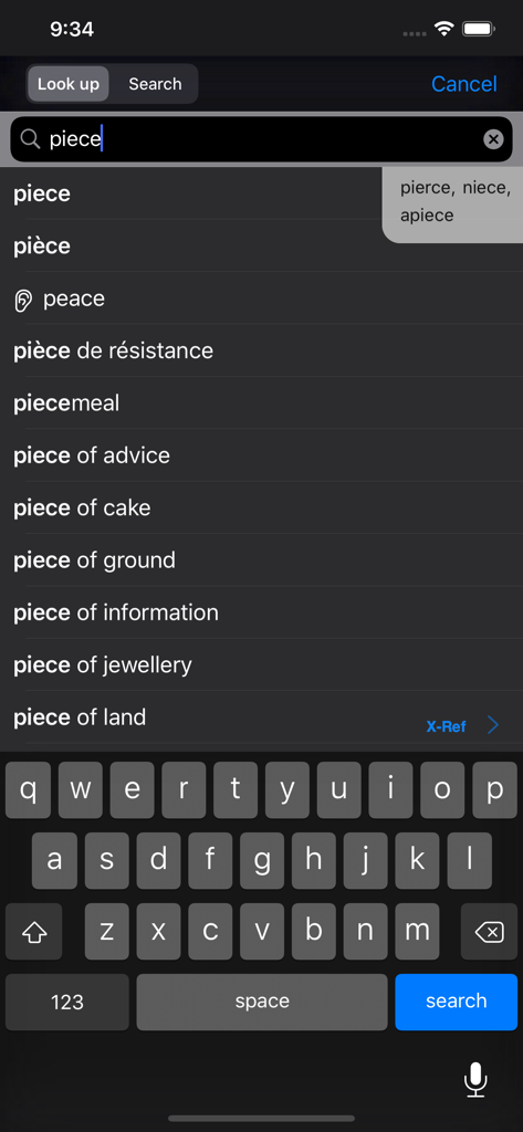 Chambers Thesaurus - Chambers Thesaurus mobile app search interface showing word suggestions and sounds-like results in dark mode