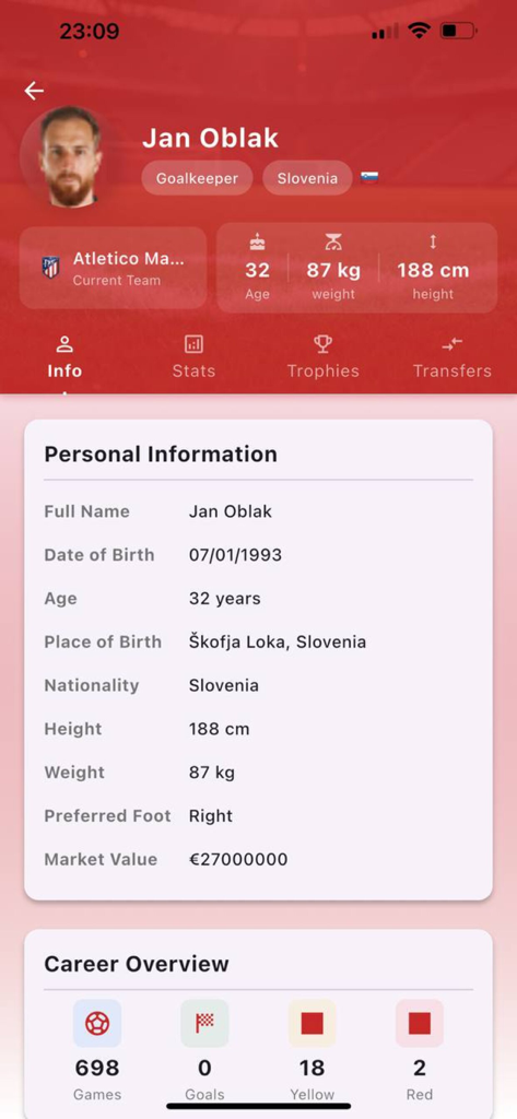 Fut Ao Vivo: dahora - Mobile app screen showing professional soccer player Jan Oblak's profile with detailed personal info and career statistics